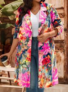 EMERY ROSE Plus Size Floral All-Over Print Casual Windbreaker Floral Outfits For Women Floral Blazer Women Floral Print Blazer,Fall Clothes Plus Size,Going Out Outfits,Business Casual Woman Curve Women Floral Blazer,For Stylish Everyday Wear Winter Autumn - Multicolor - View 3
