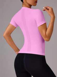 Easithlete 女士纯色圆领插肩袖短袖休闲健身运动 T 恤，无缝压缩衬衫，修身衬衫，健身衫