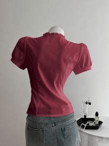 Elamini 女式纯色荷叶边短款泡泡袖单排扣时尚衬衫 - 紅色 - 查看 2