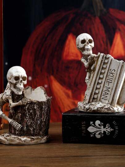 Goth 1 pieza Soporte de bolígrafo con calavera gótica - Organizador de escritorio de resina de estética oscura para oficina, estudio, pinceles de maquillaje | Decoración espeluznante, regalo único, escritorio, decoración de oficina