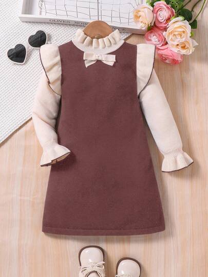 Young Girl Ruffle Trim Color Block A-Line Sweater Dress,Great For Casual & Daily Wear & School Daily In Autumn & Winter, Toddler Girl Brown Dress., Toddler Girl Winter Dress, Girls Brown Jumper Dress Fall