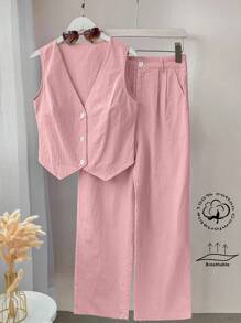 INAWLY Women Summer Solid Color Single Button Vest And Loose Casual Pants With Pockets Two-Piece Set - Dusty Pink - View 1