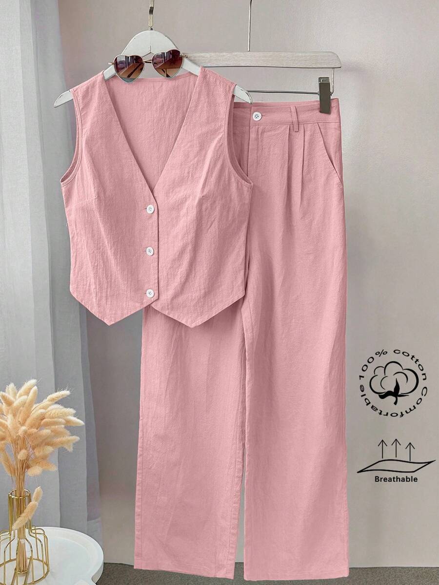 INAWLY Women Summer Solid Color Single Button Vest And Loose Casual Pants With Pockets Two-Piece Set - Dusty Pink - View 1