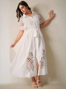 Anewsta Vestido de mujer de un solo pecho sin mangas de color liso con diseño calado y empalmes - Blanco - Ver 1