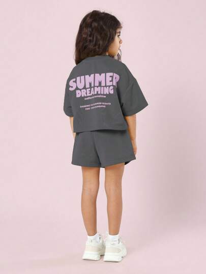 SUMWON Summer Dreaming 女童宽松露脐上衣套装，含配套短裤，休闲日常穿着，舒适运动套装