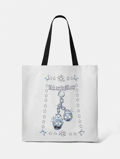 Rick and Morty X SHEIN Cartoon Pattern Hand Bag, Reusable Fashion Backpack, Multi-Functional Handbag, Printed Canvas Shopping Bag