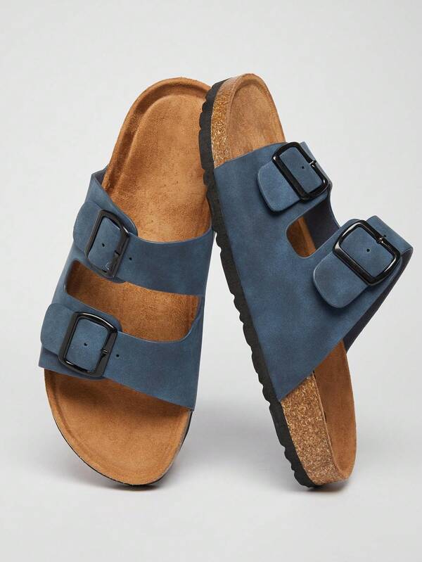 SHUZIA Sandálias masculinas clássicas de duas tiras com fivelas de estanho e palmilha de cortiça AZ azul-marinho - estrutura premium, suporte de arco e estilo iate-para-rua