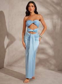 Hauture Women's Summer Sexy Two Tone Shiny Jersey With Satin Front Twisted Maxi Dress - Blue - View 6
