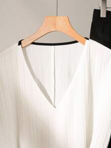 Lacomfia Plus Size Women's V-Neck Tie Strap Short Sleeve Shirt & Pants 2 Pieces Set - White - View 3