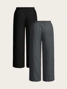 SHEIN EZwear 2 件大码女式休闲纯色抽绳腰斜口袋宽腿宽松裤 - 深灰色 - 查看 2