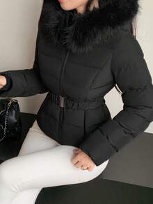 DAZY Women's Autumn/Winter Fitted Padded Coat With Furry Collar And Waist Drawstring Jacket - Black - View 6