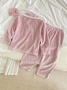 SHEIN Genkimix Kids 2 件年轻女孩简约时尚休闲荷叶边拼接长袖上衣和裤子睡衣套装女童睡衣套装荷叶边睡衣套装粉色睡衣套装返校时尚 - 淡紫色 - 查看 2