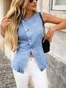 EMERY ROSE Women's Asymmetric Single Breasted Lapel Collar Casual Denim Vest Jacket