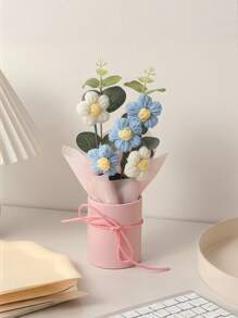 1 套手工编织羊毛人造花束，织物编织假花，包括桶和 6 朵钩针花，适合送给妈妈、妻子、闺蜜朋友、女朋友、母亲节情人节礼物、婚礼纪念品和节日派对家居餐桌装饰礼物