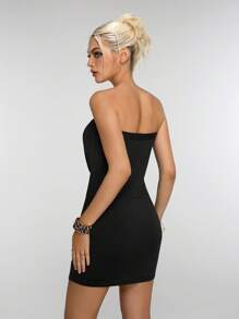 Jeanoix Women's Black Strapless Draped Neck Rave Bodycon Mini Dress Night Out Summer - Black - View 2