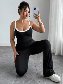 SHEIN PETITE Plus Size Color Block Fitted Jumpsuit For Petites - Black and White - View 5