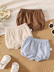 3 件套新生儿夏季休闲百搭条纹纯色松紧腰短裤、打底裤、内衣三件套，适合男婴和女婴