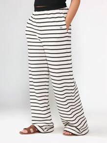 SUMWON Striped Wide Leg Knitted Pants Resort Wear Palazzo Style High Waisted Ribbed Casual Summer Beach Bottoms Cozy Wear Vacation Style - Black and White - View 4