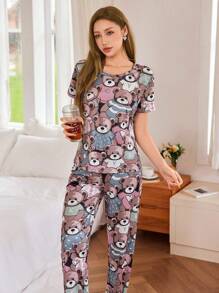 可爱小熊全身印花短袖睡衣套装 - 彩色 - 查看 6