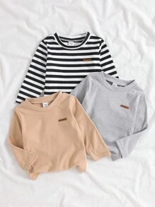 SHEIN 3 Piece Set Baby Boy Crew Neck Long Sleeve Tees,Black And White Striped,Plain,Autumn,Casual,Carrer Day,Back-To-School,Thicker Thermal Lined Soft Tops - Multicolor - View 3