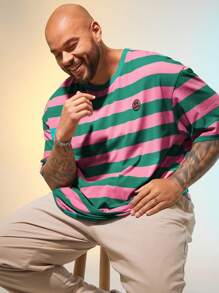 EASEVO 大码男士彩色针织休闲宽松趣味条纹落肩圆领短袖 T 恤，适合夏季外出 - 彩色 - 查看 5