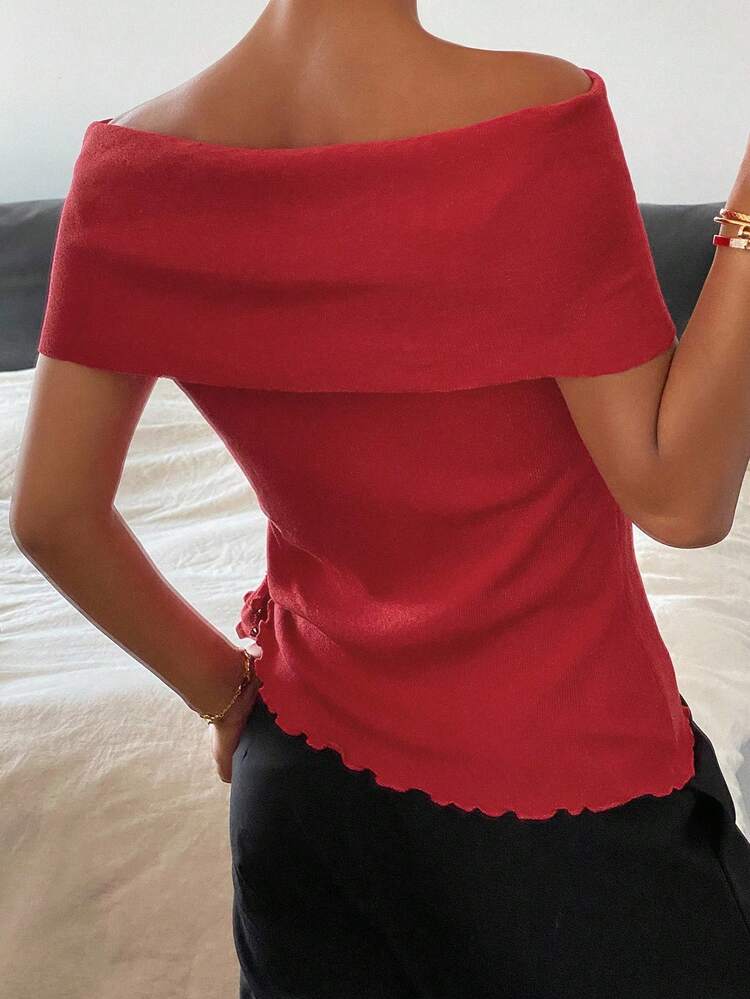 Women's Solid Color Red Off Shoulder Tie Elegant Vacation Knit Top