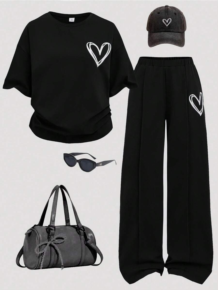 SHEIN Girlism 2 件套青少年女孩休闲宽松圆领针织花卉褶皱上衣和短裤套装，黑色，舒适的日常穿着，适合日常、返校、节日家庭户外春季野餐和街头服饰等各种场合 - 黑色 - 查看 1