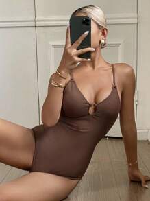 Livesso 1 Stück Damen Badeanzug mit Neckholder für Frühling/Sommer, Strandmode, Urlaubsoutfit für Kreuzfahrten - Braun - Übersicht 3