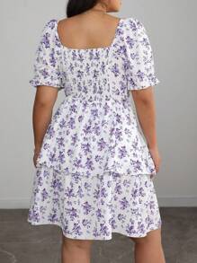 Elenzga Vestido plus size feminino estilo francês elegante, azul e branco, floral, bainha dupla, manga bolha, verão