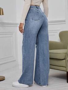 SHEIN ICON Washed Denim Blue High Waist Ripped Wide Leg Jeans - Medium Wash - View 2