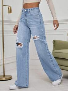 SHEIN ICON Washed Denim Blue High Waist Ripped Wide Leg Jeans - Light Wash - View 4