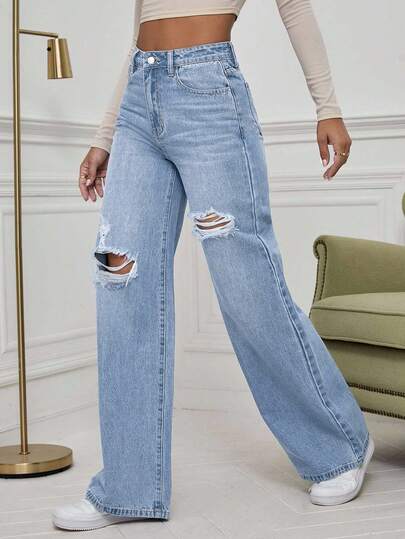 SHEIN ICON 水洗牛仔蓝高腰破洞阔腿牛仔裤