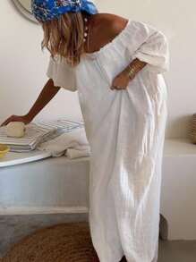 INAWLY Women's Plain Off-Shoulder Lantern Sleeve Loose Long Dress With Frill Trim, Spring Summer Fall Cloth For Women - White - View 2