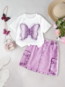 1 Set Teenager Girls Casual Fitted Short Sleeve T-Shirt With 3D Butterfly Wash Denim Patch Embroidery Design & Purple Wash Fitted Denim Cargo Pocket Half Skirt, Simple Stylish Daily Wear