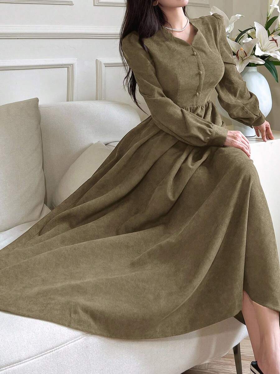 Feyla Đầm dài tay đèn lồng màu trơn thanh lịch cho nữ - màu xanh lá - Xem 1