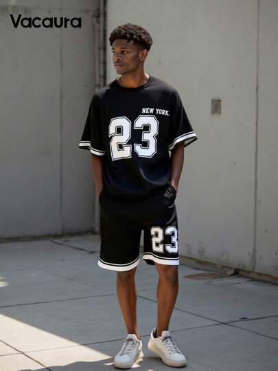 2pcs/Set Teenage Boys' Loose Casual Letter Print Contrast Trim Top And Shorts Set Boys Jersey
