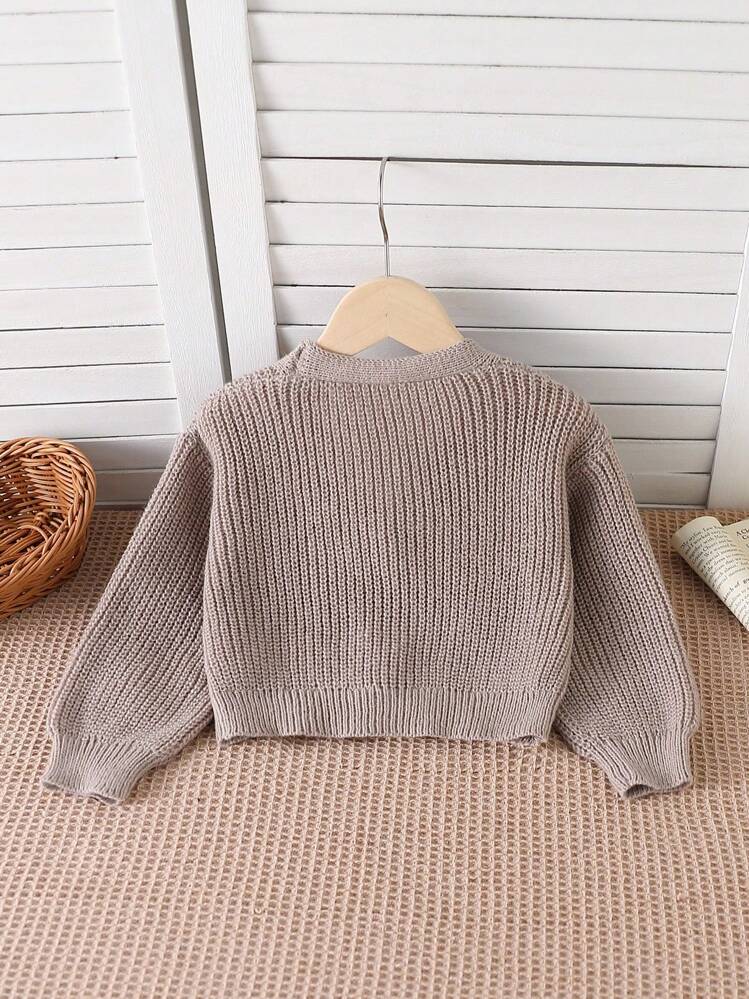 SHEIN Girl Plain Loose Single-Breasted Long Sleeve Cardigan Sweater Knit Young Girls Short Camel With V Neck And Button Front Comfortable Fit Casual Basics - Camel - View 2