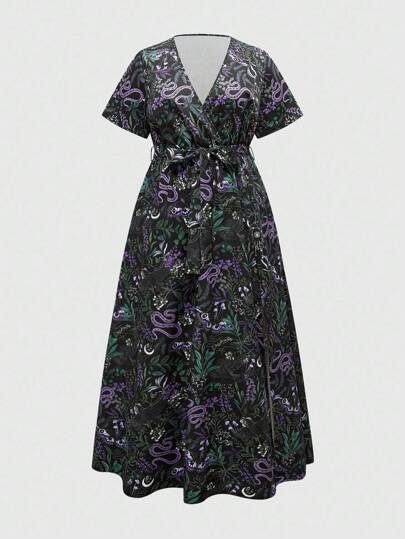 EDITION Gothic Floral, Star, Vine & Snake Allover Print Retro A-Line High Waist Deep V Slit Plus Size Dress