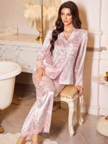 LuxeNights Imitation Silk Jacquard Open Front Long Sleeve Pink Top & Pants Pajama Set Bridal Pajamas, Fall Winter Clothes Cozy And Elegant Details - Pink - View 3