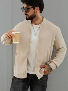 Manfinity Homme 1 قطعة جاكيت رجالية، جاكيت قصيرة بسحاب باللون المشمشي، تصميم أعمال بسيط، مناسبة للياقة الرشيقة والراحة، بجيبين سحابيين وظيفيين، جاكيت شائعة للأسلوب الشارعي الناضج، ارتداء كاجوال للذهاب للمدرسة أو العمل أو العطلات، هدية للزوج/الحبيب، جاكيت متطابقة للأزواج - لون مشمشي - مشاهدة 1