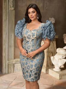 Aureia فستان كوكتيل ضيق بأكمام طويلة ورقبة على شكل قلب، أنيق ورومانسي، مقاس كبير، من قماش الجاكار الأزرق الفاخر، مناسب للحفلات المسائية، والمواعدة، وحفلات الزفاف، والتخرج، والنوادي، والمهرجانات الموسيقية