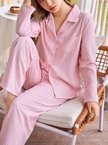 SHEIN 女士休闲粉色翻领长袖条纹口袋细节纽扣上衣和裤子睡衣套装，秋冬舒适优雅服饰 - 粉色 - 查看 6