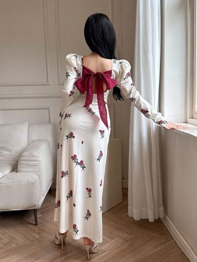 Feyla فستان طويل كاجوال بأكمام طويلة ومطبوع بالأزهار، مع ربطة خلفية على الخصر، قصة مناسبة