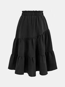 SHEIN Girlism Tween Girl 平纹宽松休闲亚麻褶裥长裙，度假风格 - 黑色 - 查看 2