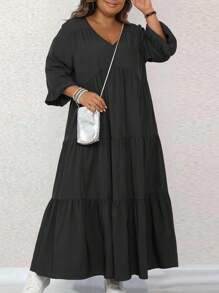 SHEIN LUNE Plus Size Solid Color Lantern Sleeve Brown Fall Dress, Spring Autumn Maxi Women Outfit - Black - View 5