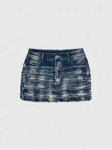 ROMWE Grunge Punk Y2K Distressed Multi-Layer Frayed Patchwork Low Waist Denim Mini Skirt With Stretch Leggings - Navy Blue - View 1