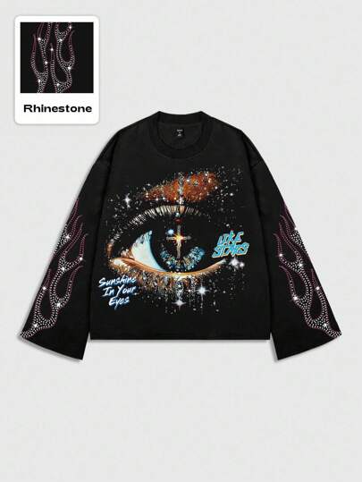 Grunge Punk Men's Diamond Eye Print Long Sleeve T-Shirt, Loose And Short Styled, Fall
