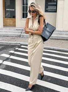 SHEIN Frenchy 秋冬女士纯色百褶系带背心和裤子套装 - 米色 - 查看 6