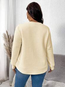 SHEIN LUNE Plus Size Women White Autumn Smart Casual Everyday Solid Round Neck Loose Long Sleeve Textured Quilted Pullover Sweatshirt,Fall Winter Light Sweater - Beige - View 2