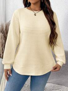 SHEIN LUNE Plus Size Women White Autumn Smart Casual Everyday Solid Round Neck Loose Long Sleeve Textured Quilted Pullover Sweatshirt,Fall Winter Light Sweater - Beige - View 4